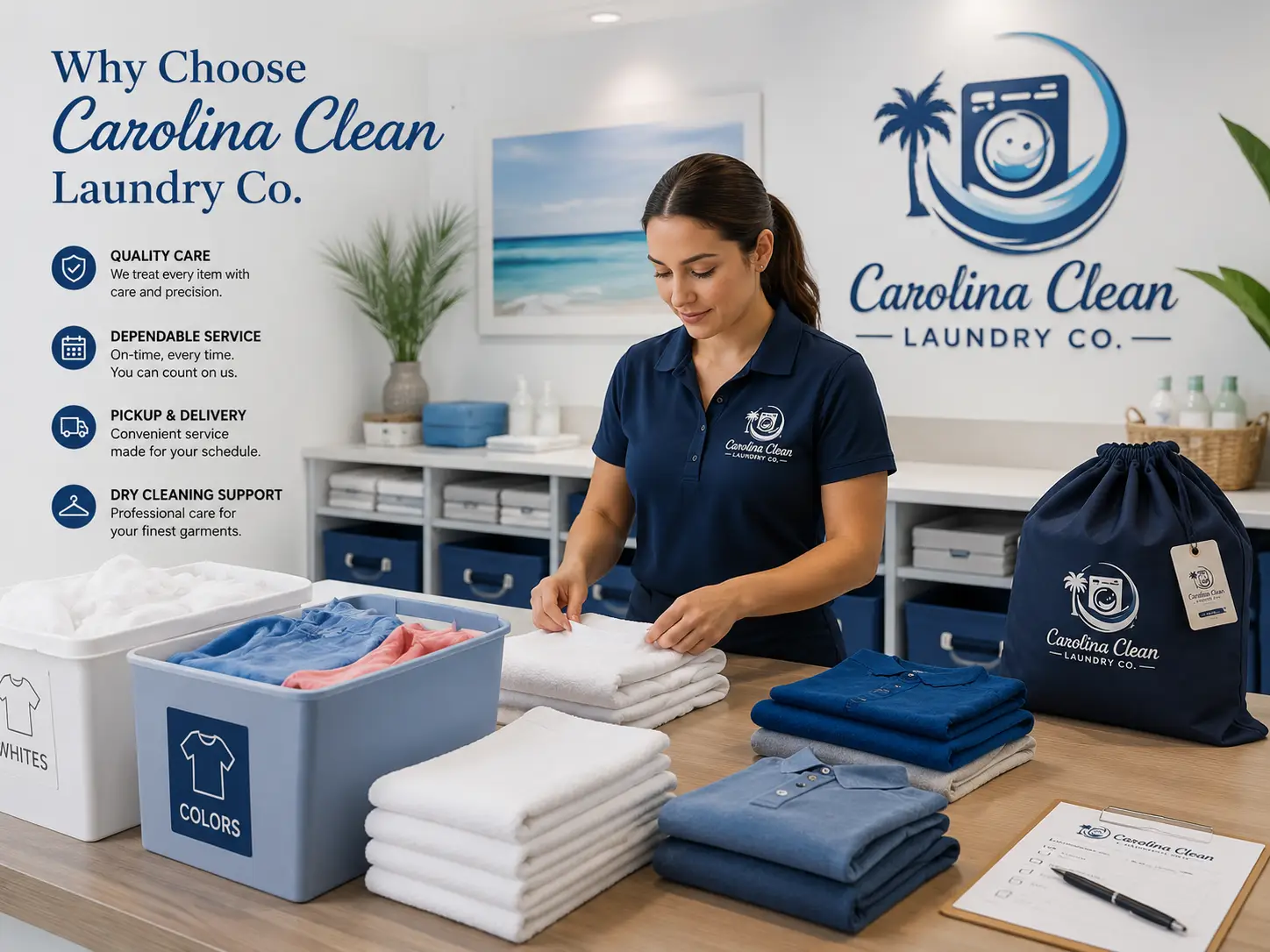 Carolina Clean Laundry Co. Team Member Sorting Whites And Colors And Folding Laundry In A Private Professional Facility