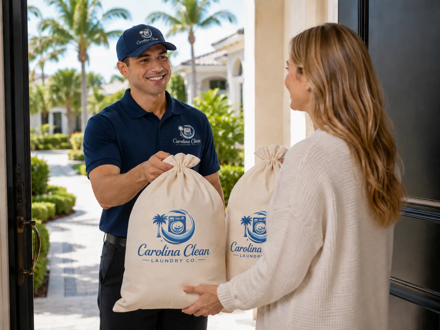 Carolina Clean Laundry Co. Delivery Van With Branded Laundry Bags Outside A Coastal Charleston Area Home