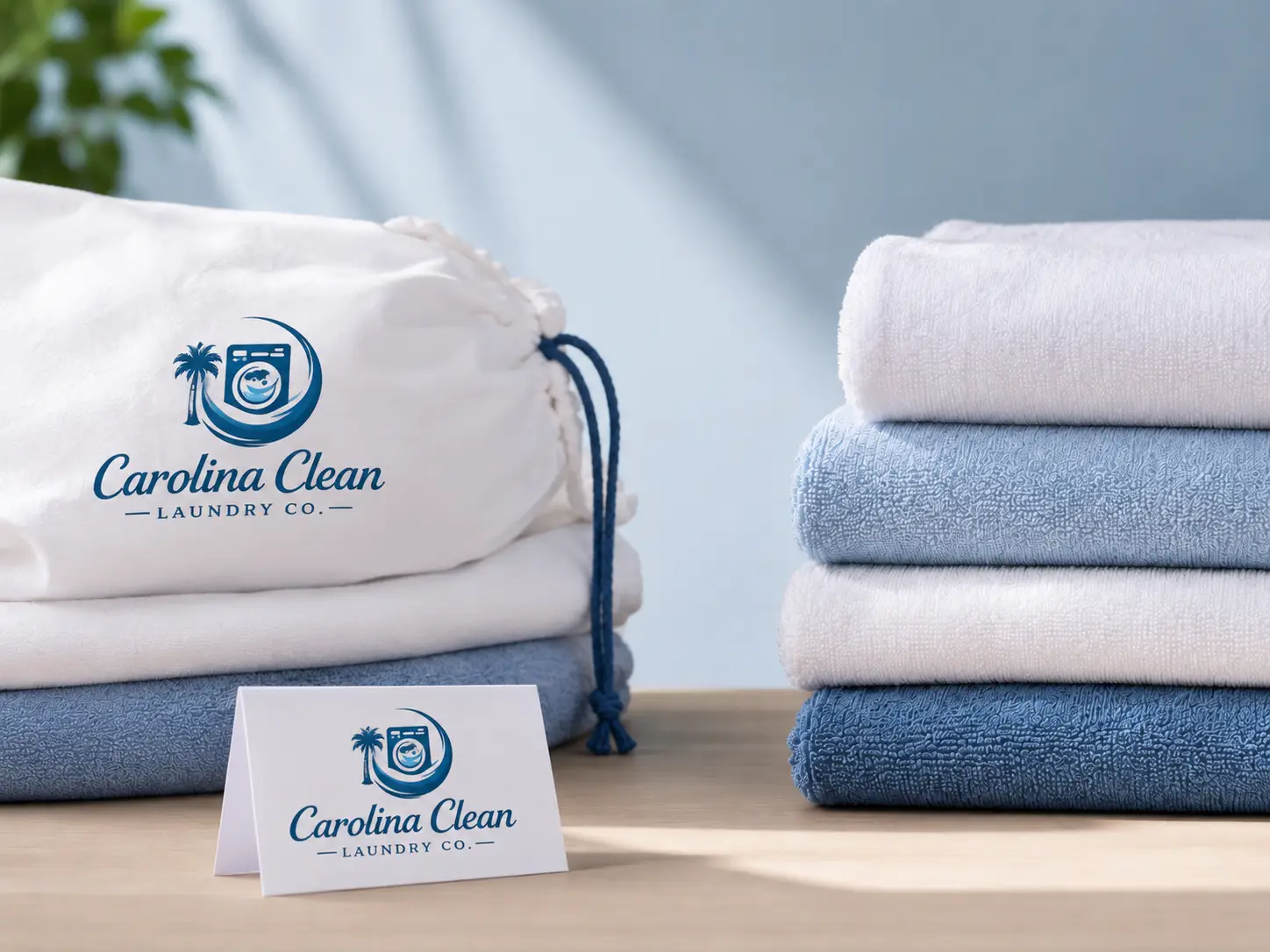 Large Carolina Clean Laundry Co. Laundry Bag Beside Neatly Folded White And Blue Household Laundry