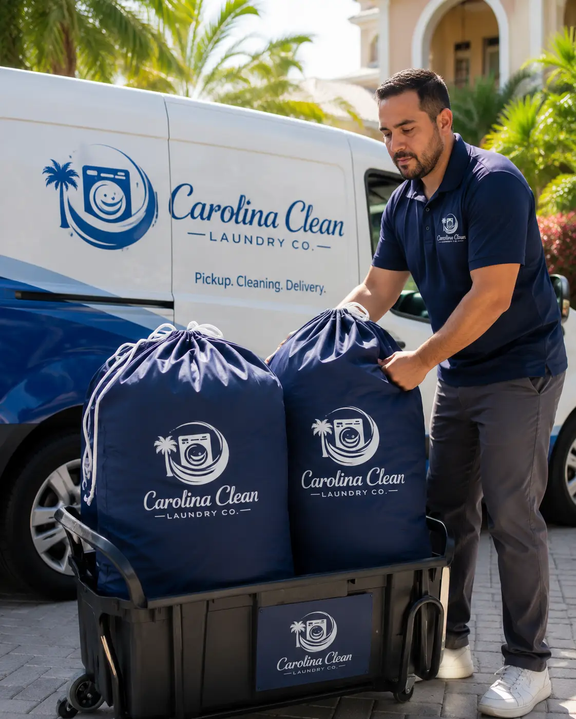 Carolina Clean Laundry Co. Driver Loading Heavy Branded Laundry Bags Onto A Delivery Cart Beside The Service Van